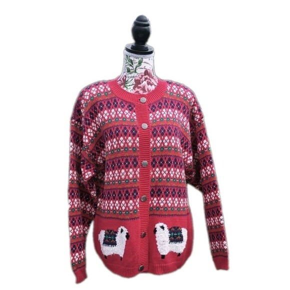 Northern Isles Nordic Print Sheep Red  Women Large Sweater Button Up Chunky Knit - Picture 1 of 9